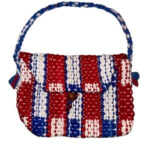Handmade vintage crocheted red white and blue button clasp over the shoulder bag